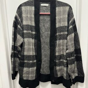 Plaid Knit Cardigan - Black and Gray